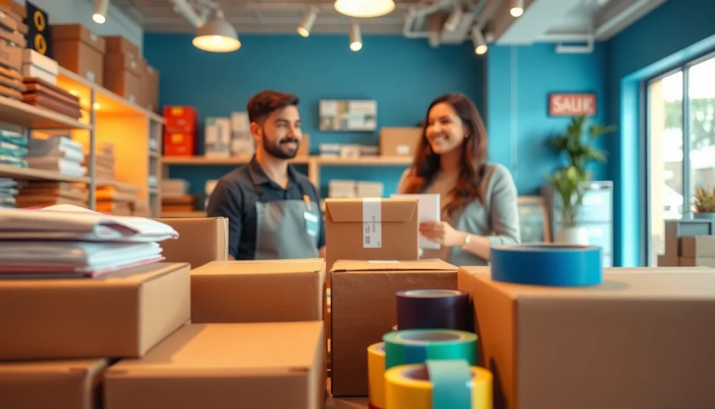 Packaging solutions showcased by a professional staff member in a welcoming retail environment.
