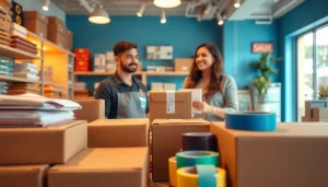 Packaging solutions showcased by a professional staff member in a welcoming retail environment.