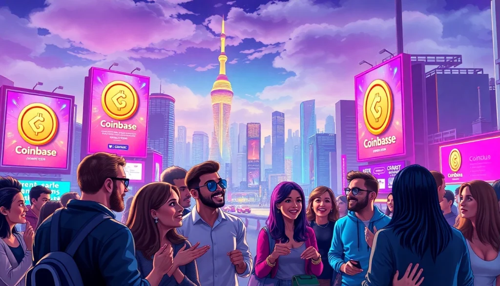 Engaged crowd discussing the coinbase meme coin against a vibrant city backdrop.
