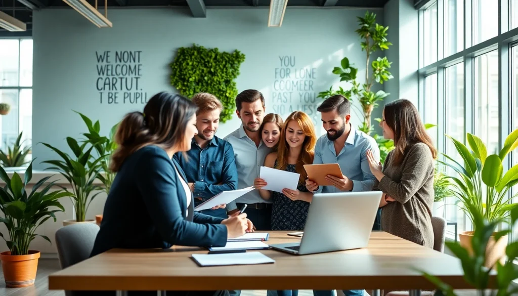 Team from a startup recruitment agency collaborating in a bright office environment.