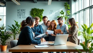 Team from a startup recruitment agency collaborating in a bright office environment.