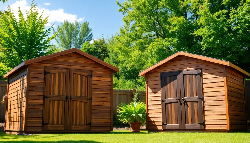 Showcase custom made storage sheds that blend seamlessly into a lush backyard.
