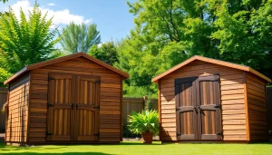 Showcase custom made storage sheds that blend seamlessly into a lush backyard.