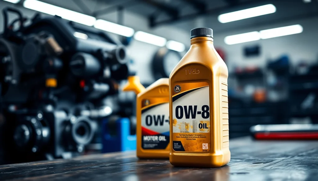 Showcasing a 0w-8 oil bottle on a mechanic's workbench, emphasizing quality and automotive care.