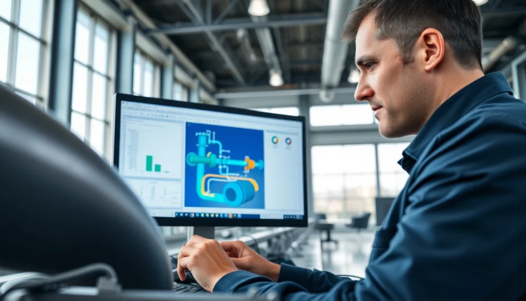 Engineer performing pipe stress analysis using advanced software in a modern office.