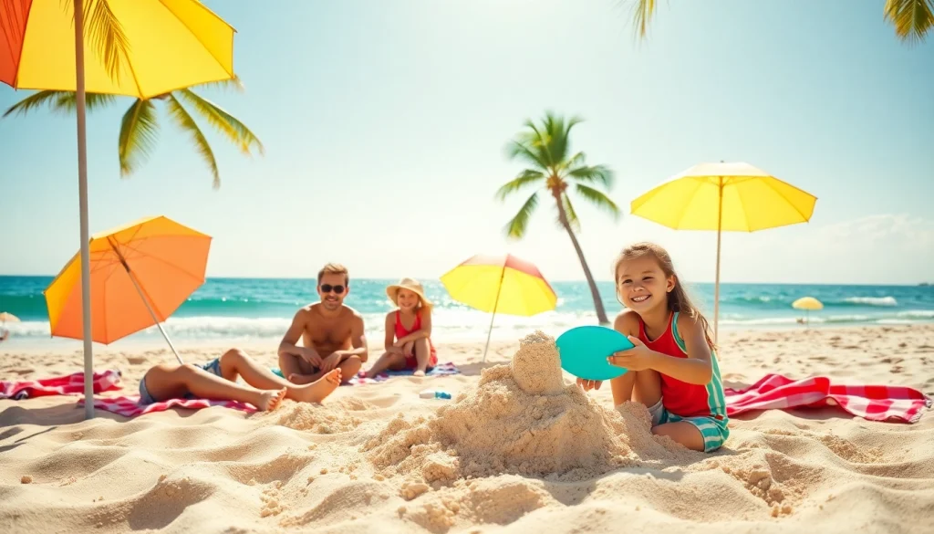 Enjoy a weekend vacation in Florida with a family at a sunny beach, building sandcastles and playing frisbee.