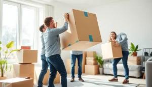 Lifting boxes efficiently by a London moving company team in a bright room.