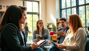 Buy UK degree while students engage in discussions about academic experiences.