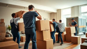 Movers from London moving companies efficiently packing furniture in a modern home setting.