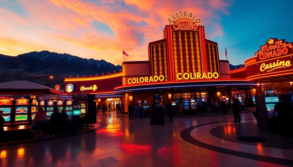 Experience vibrant gaming at a Colorado casino with illuminated architecture and joyful players.