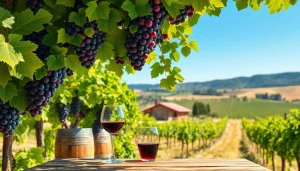 Visit wineries in Clarksburg with picturesque vineyards and rustic wine barrels.