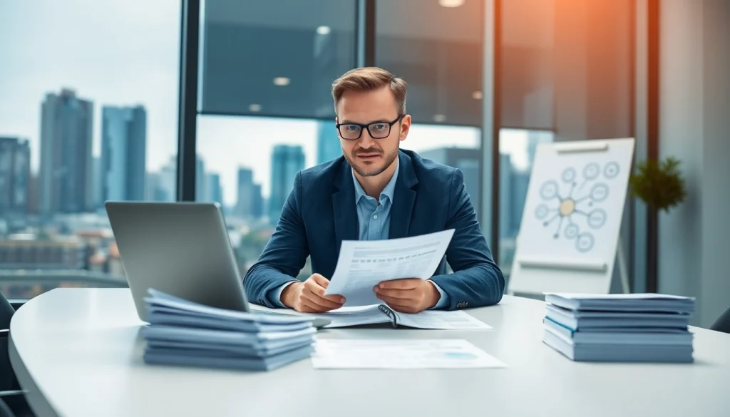 Crisis management consultant analyzing strategic plans in a modern office.
