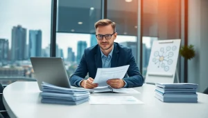 Crisis management consultant analyzing strategic plans in a modern office.