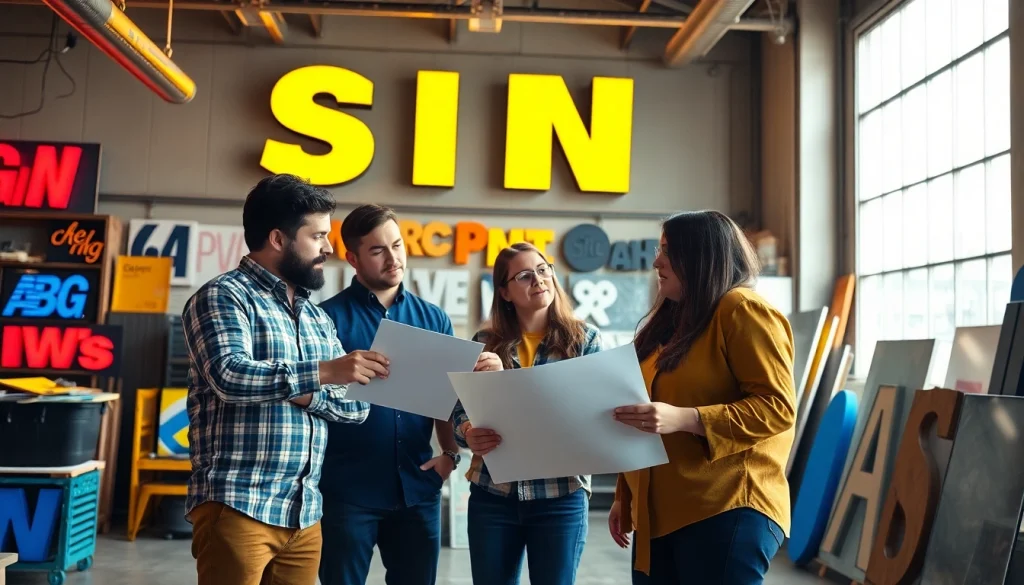 Calgary sign company team engaged in creative design discussions with signage samples.