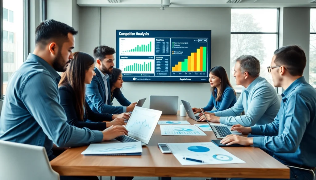 Conducting a detailed competitor analysis discussion among team members with charts and data.