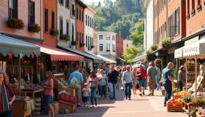 Experience the vibrant street market of Clarksburg during a lively local festival, with families celebrating.