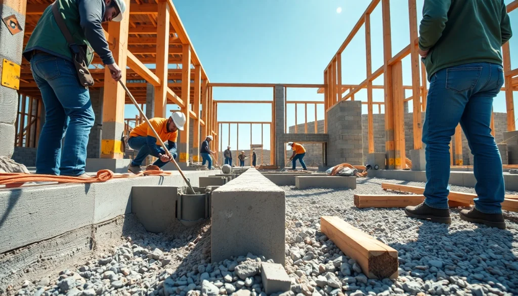 Building footing and Block walls with construction crew on-site, showcasing teamwork and progress.