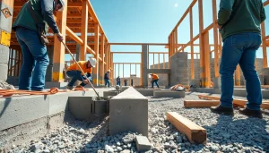 Building footing and Block walls with construction crew on-site, showcasing teamwork and progress.