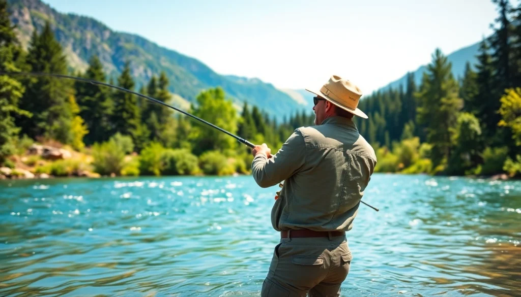 Experience fly fishing lessons near me in a scenic river, with an angler demonstrating casting techniques.