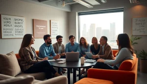 Engaging business coaching service session with diverse clients discussing strategies.