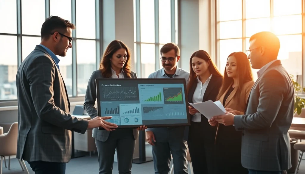Enhance process optimation through teamwork in a bright office setting, showcasing analytics.
