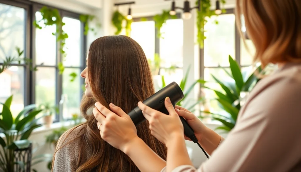 Stylist using a hair dryer for fine hair to create a polished look in a bright salon.
