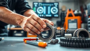 Performing gearbox bearing replacement with tools in a professional garage setting.