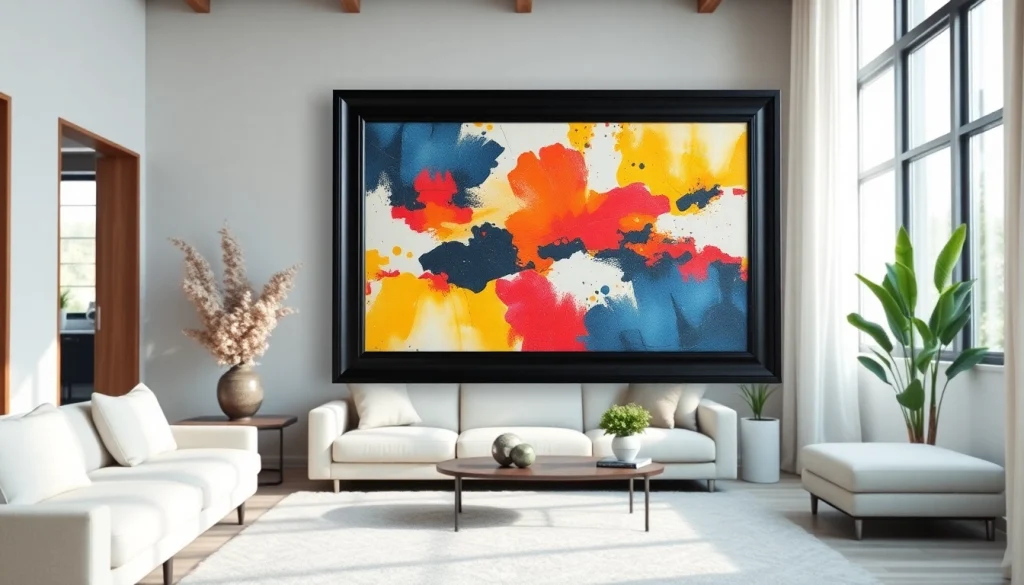 Showcase of a stylish 24x36 frame featuring abstract art in a bright living room.