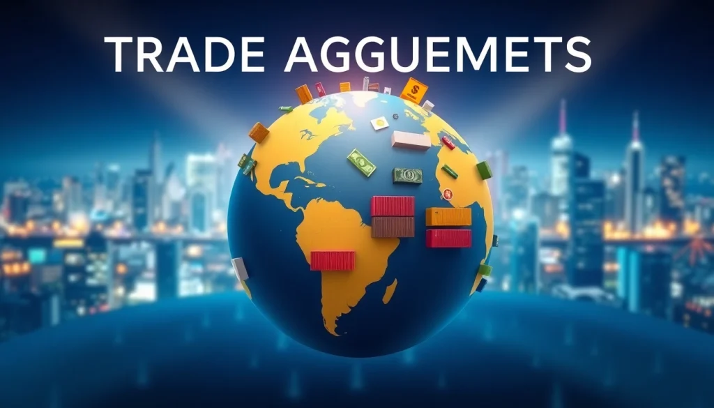 Illustrate trade agreements with global symbols demonstrating commerce connections.
