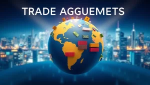 Illustrate trade agreements with global symbols demonstrating commerce connections.