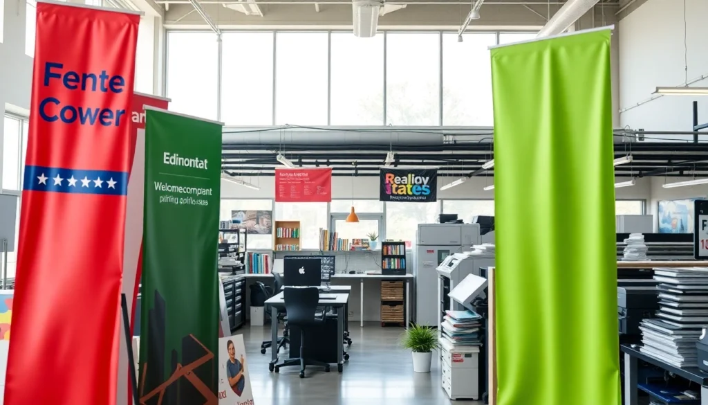 Showcasing vibrant signage and banners at an Edmonton print shop, highlighting diverse printing services.