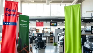 Showcasing vibrant signage and banners at an Edmonton print shop, highlighting diverse printing services.