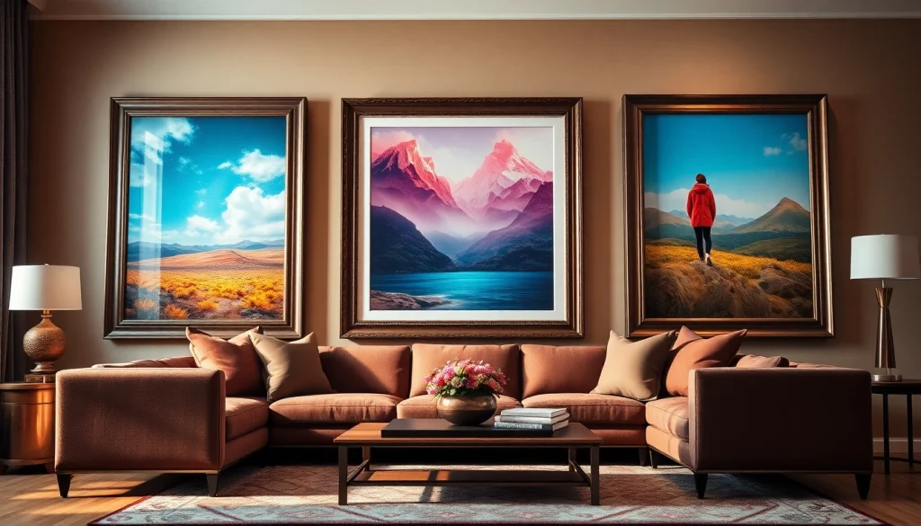 Artful display of large frames showcasing vibrant artwork and family photos in a modern living room.