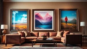 Artful display of large frames showcasing vibrant artwork and family photos in a modern living room.