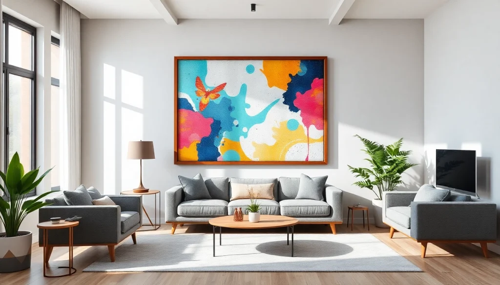 Showcasing a modern 24x36 frame with vibrant artwork in a stylish living room setting.