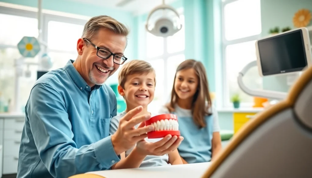 Orthodontics expert shares treatment plans with a child in a modern dental office.