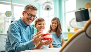 Orthodontics expert shares treatment plans with a child in a modern dental office.