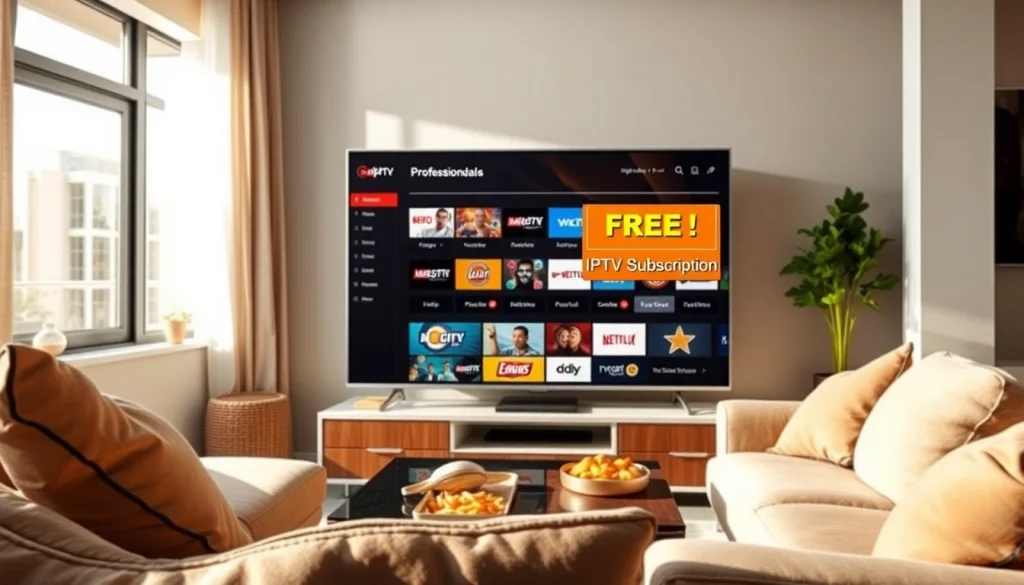 Showcasing a modern IPTV service interface emphasizing a free trial IPTV subscription highlight on a stylish living room TV.
