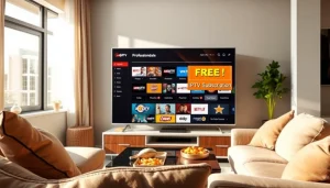 Showcasing a modern IPTV service interface emphasizing a free trial IPTV subscription highlight on a stylish living room TV.