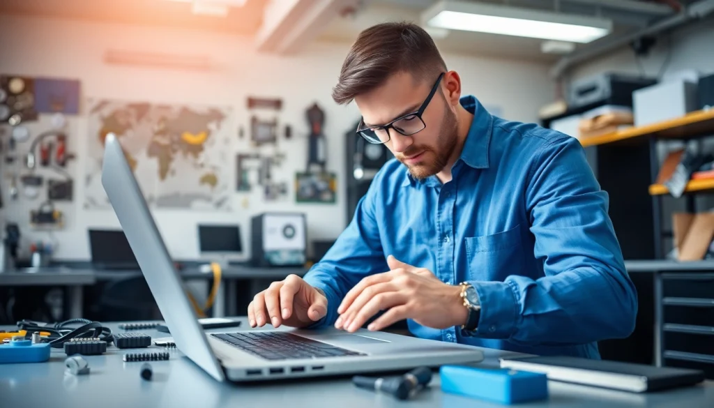Riparazione computer torino, tecnico professionista mentre ripara un laptop in un ambiente moderno.