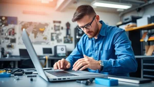 Riparazione computer torino, tecnico professionista mentre ripara un laptop in un ambiente moderno.