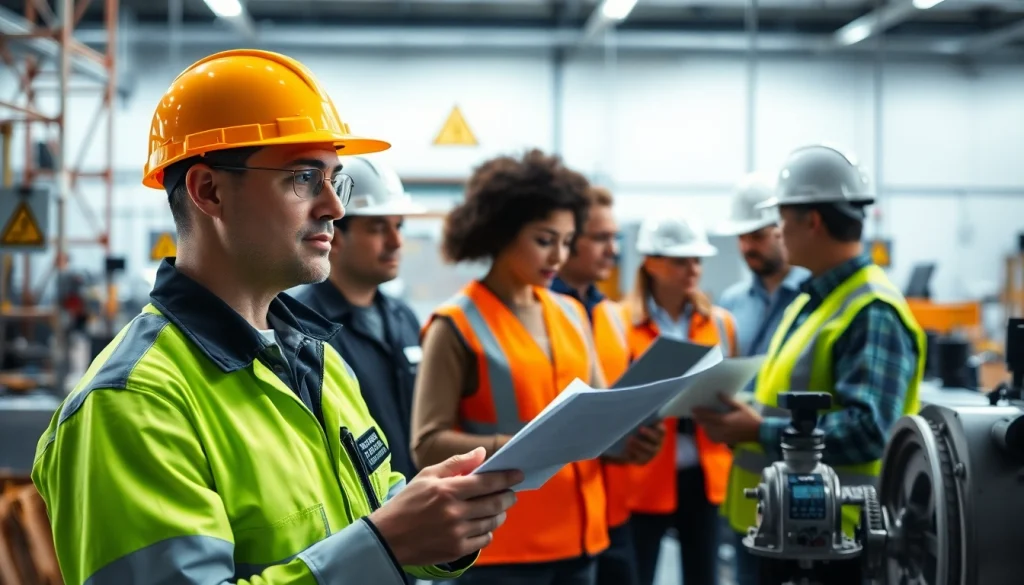 Conducting a Workplace Hazard Assessment with a team of safety professionals reviewing equipment and documents.