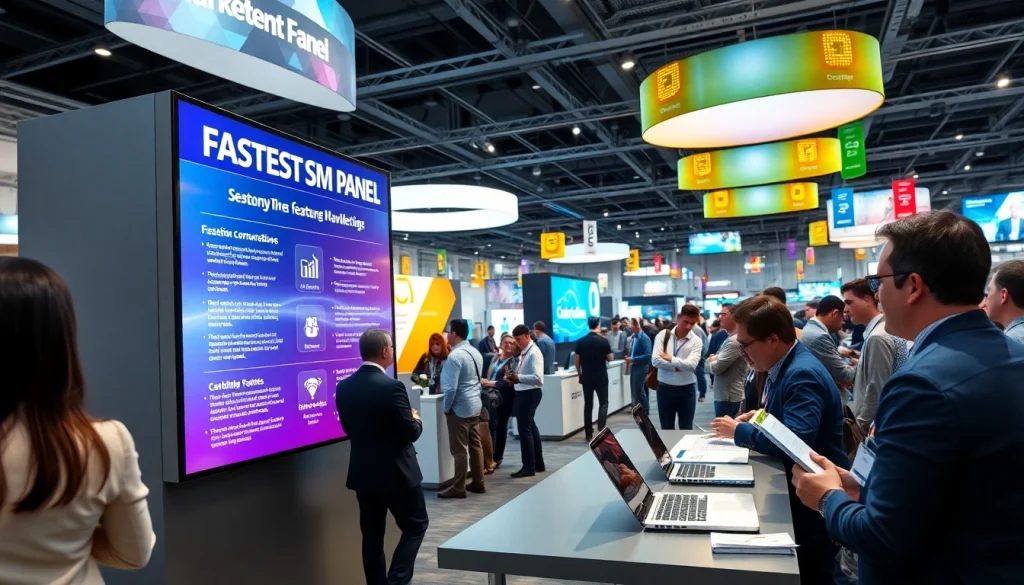 Showcase of the Fastest SMM Panel at a digital marketing conference, engaging attendees with vibrant displays.
