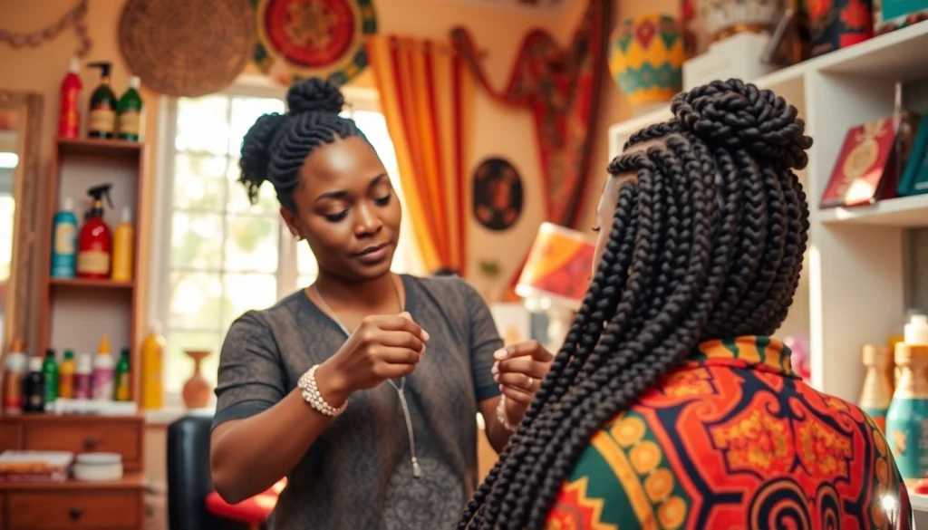 Best african braiding salon in near me showcasing a skilled stylist braiding hair in a vibrant, inviting setting.