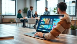 Engaging presentation maker AI software on a sleek laptop, enhancing teamwork and creativity.