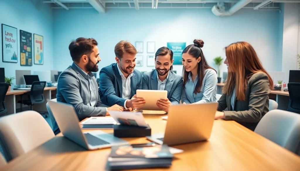 A vibrant startup recruitment agency team collaborating in a modern office.