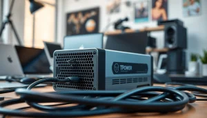 Showcase the TPower power supply unit designed for modern gadgets in a professional workspace.