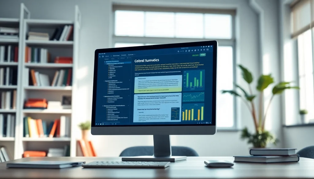 Showcase of an AI summary of papers tool with vibrant data visuals in a modern workspace.