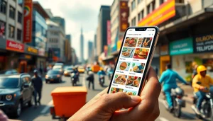 Engaging delivery apps in Lagos displayed on a smartphone against a vibrant city backdrop.