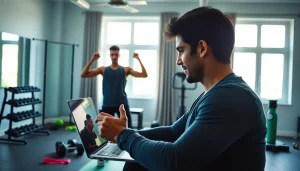Engaging online gym training session showcasing a personal trainer leading a workout remotely.